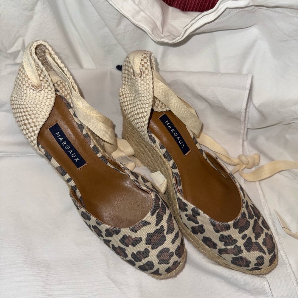 Margaux Tan & Brown Espadrille Wedges Leather Trim Classic Summer Sandal